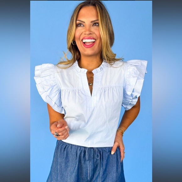 JODIFL Tops - Blue Split Frill Neck Ruffle Layer
Sleeve Top NWT